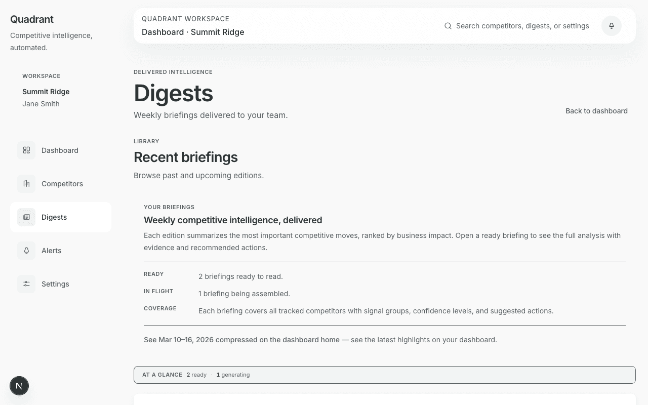 Quadrant digest view showing competitive intelligence brief