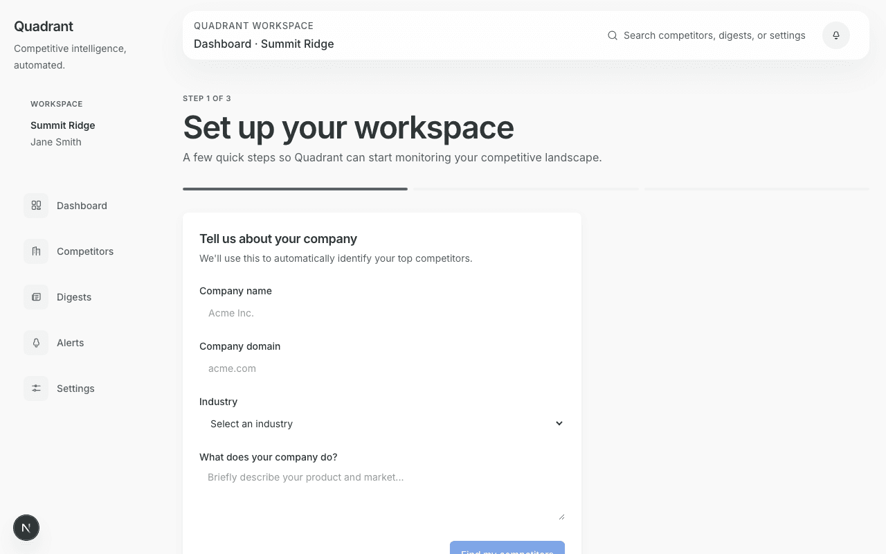 Quadrant onboarding screen showing competitor setup